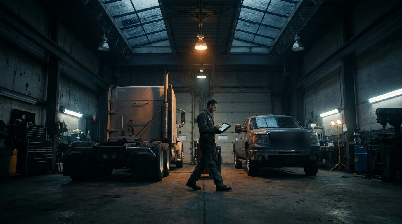 A heavy-duty semi tractor and a diesel pickup truck parked inside a large industrial repair bay at night
